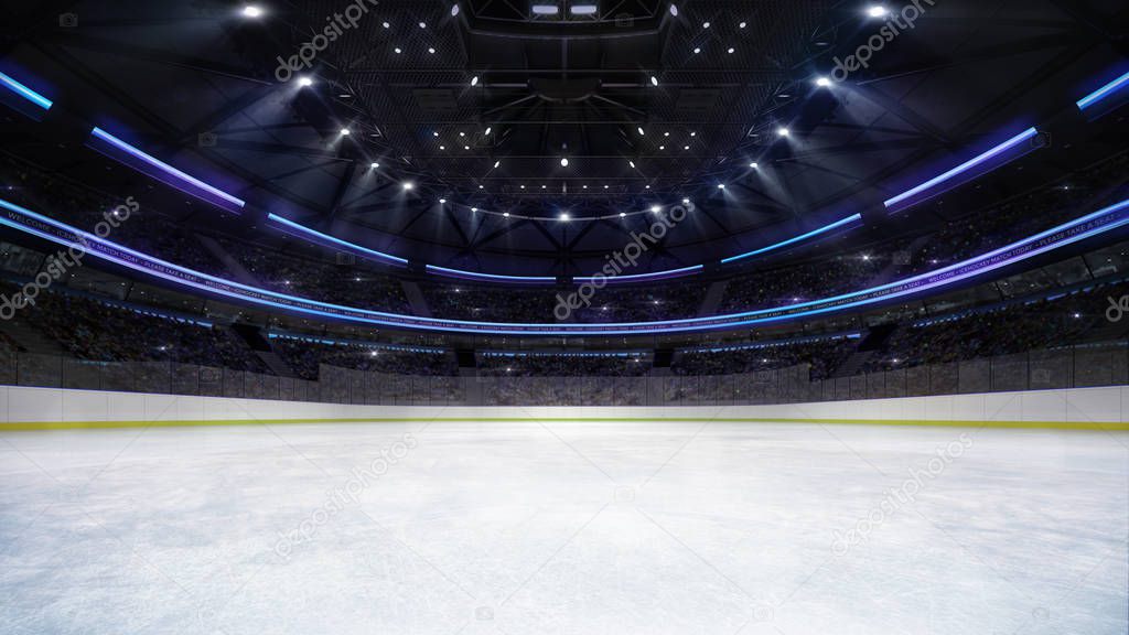 empty ice rink arena inside view illuminated by spotlights