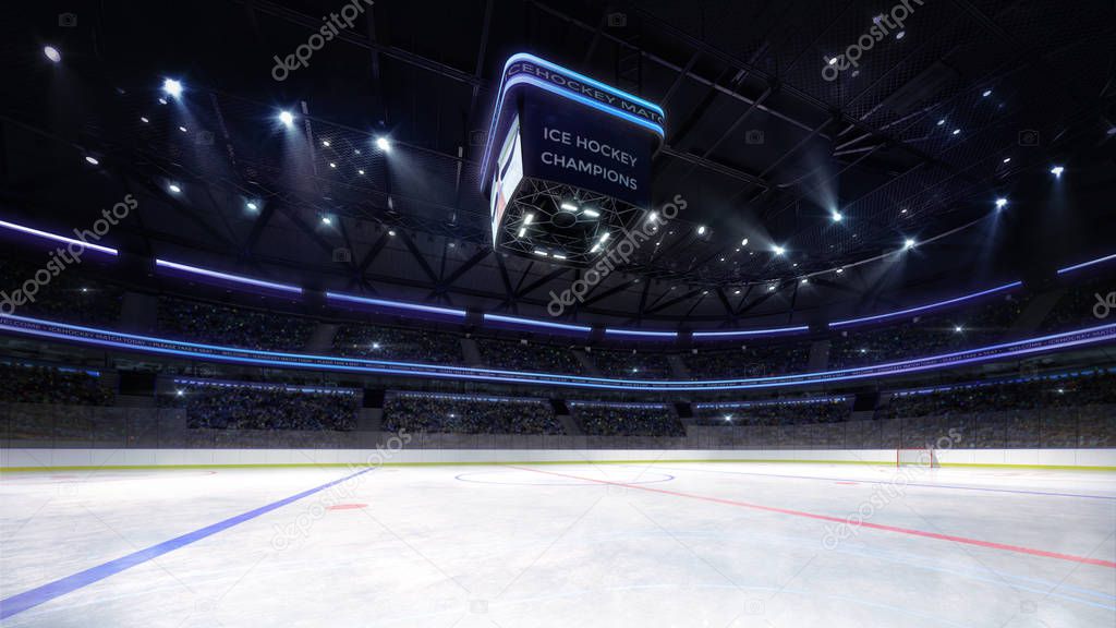empty ice hockey arena indoor playground view illuminated by spotlight