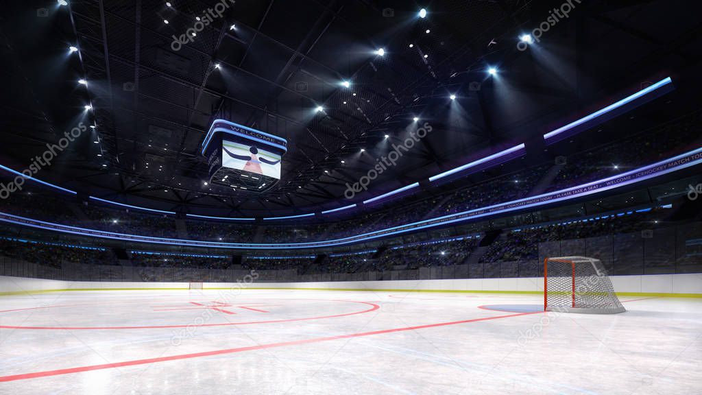 empty ice hockey arena inside playground view illuminated by spotlights