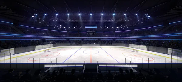 Gran arena de hockey sobre hielo vista interior iluminada por focos —  Fotos de Stock