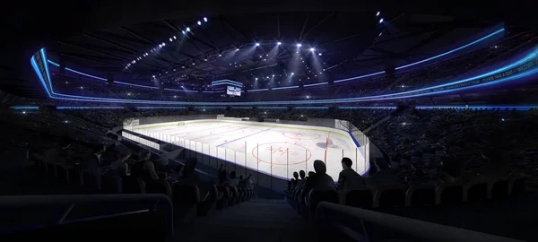 Hockey su ghiaccio arena vista angolo interno illuminato da faretti — Foto Stock