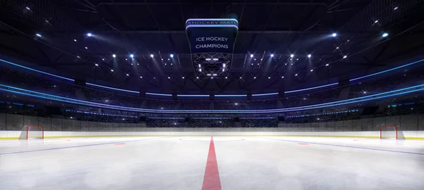 Estádio de hóquei no gelo interior vista rink médio iluminado por holofotes — Fotografia de Stock