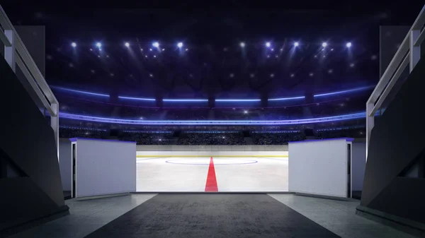 Pasillo de entrada de pista de hielo de estadio de hockey con fondo borroso, ilustración de renderizado 3D interior . — Foto de Stock