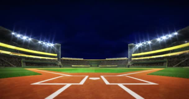 Estádio Beisebol Infield Diamante Vista Iluminada Noite Moderno Edifício Desportivo — Vídeo de Stock