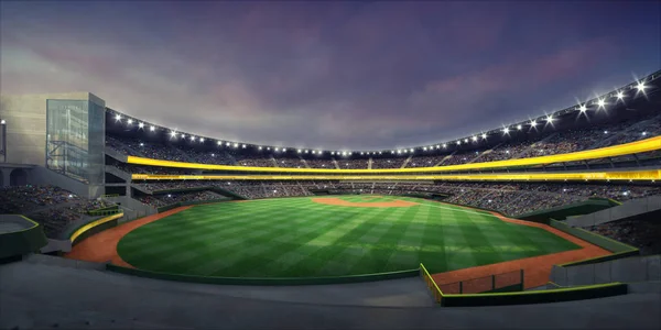 Vista geral do estádio de beisebol iluminado e do parque infantil de grama da arquibancada — Fotografia de Stock