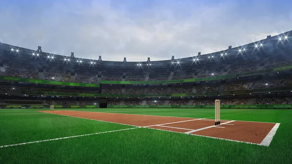 Großes Cricket-Stadion mit hölzernen Pforten Diagonalblick bei Tageslicht — Stockfoto