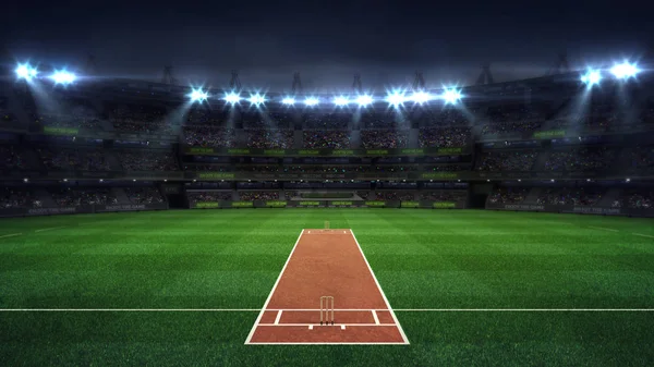 夜の上の正面図でファンでいっぱいのイルミネーションラウンドクリケットスタジアム — ストック写真