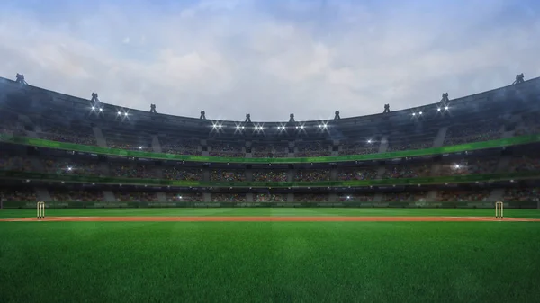 Grande estádio de críquete com wickets de madeira vista lateral à luz do dia — Fotografia de Stock