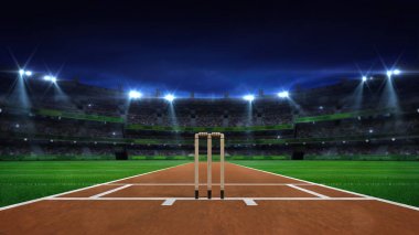 Spot ışığı parlak lığı ve ahşap wicket ön gece kriket saha sahnesi