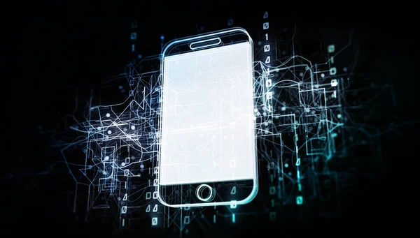 Mobiltelefon enhet i virtuella cyberrymden nätverk med binär kod — Stockfoto