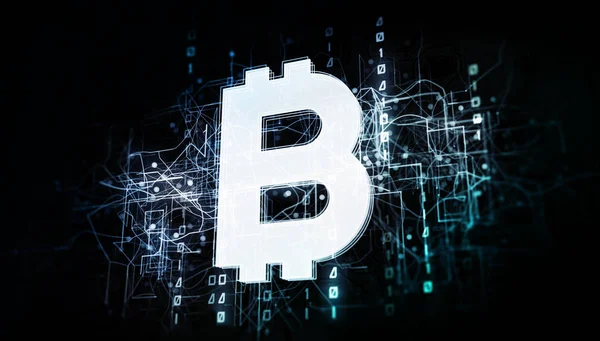 İkili kodlu sanal siber uzay ağında Bitcoin para birimi — Stok fotoğraf