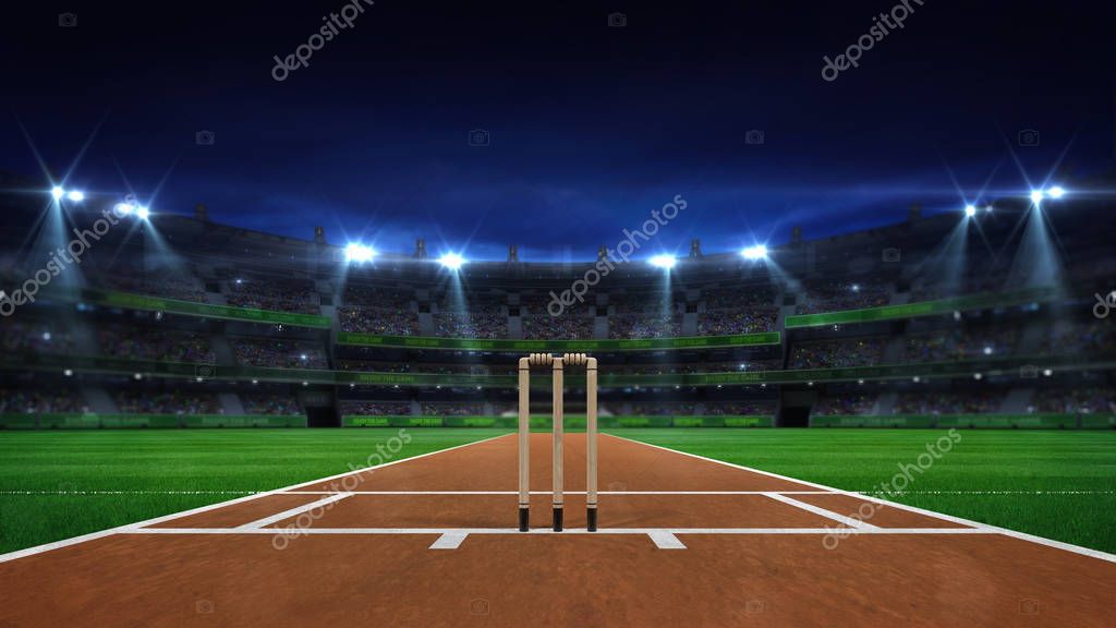 Noche escena de cricket pitch con el centro de atención brillo y frente