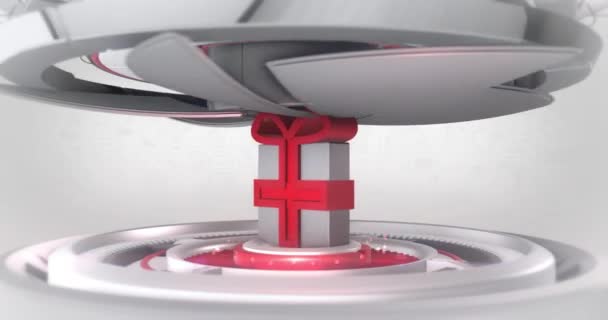 Rotes Band Geschenk Zeichen Bei Beweglichen Mechanischen Vitrine Roboter Vitrine — Stockvideo