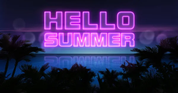 Olá verão neon título acima do oceano e palmeiras tropicais — Fotografia de Stock