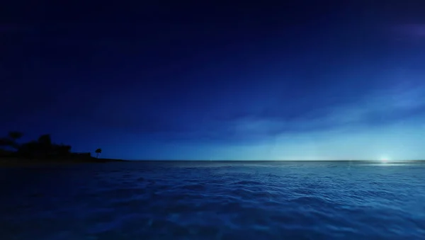 Ciel bleu lever ou coucher de soleil avec île tropicale de palmiers à l'horizon — Photo