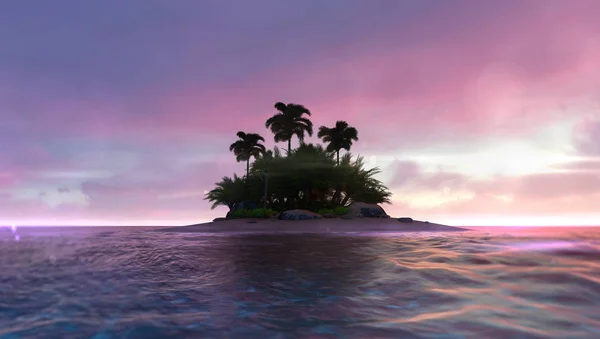 浪漫的红色黎明天空与废弃的热带棕榈岛在中间 — 图库照片