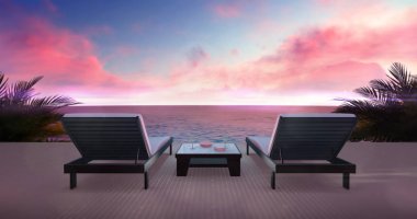 Two wooden loungers on terrace with ocean view and red  sky clipart
