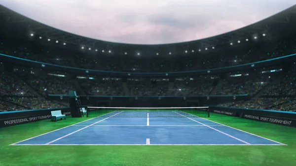 Blå och grön tennisbana stadion med fläktar på dagtid, övre front View — Stockfoto