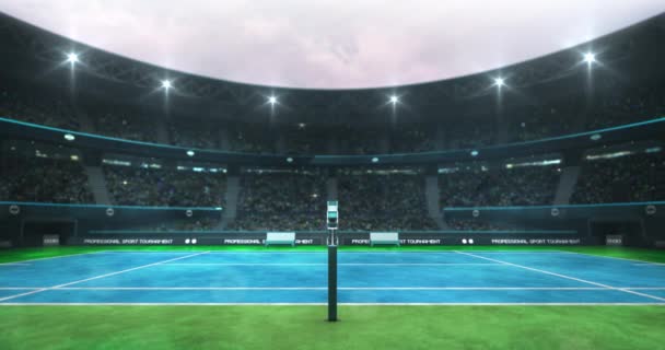 昼間にファンと青と緑のテニスコートスタジアム サイドレフリービューアニメーションループ プロテニススポーツ4Kビデオの背景 — ストック動画
