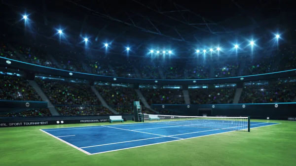 Blue tennis court and illuminated indoor arena with fans, court view — Stock Photo, Image