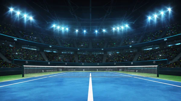 Blue tennis court and illuminated indoor arena with fans, player front view — Stock Photo, Image