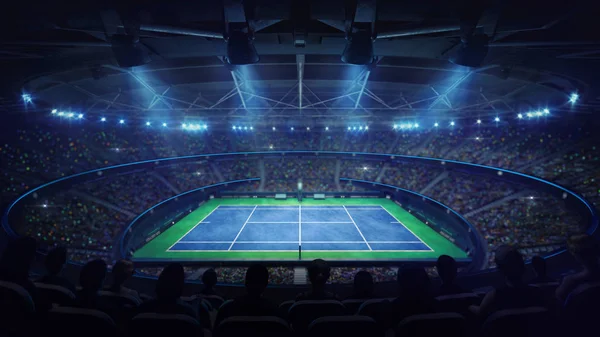 Modern tennis arena illuminated by spotlights, blue court and fans, upper side view — Stock Photo, Image