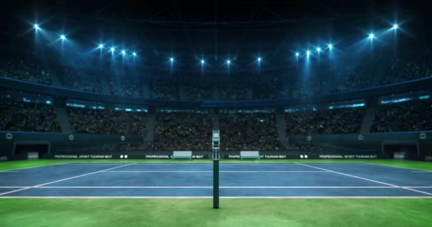 Φωτισμένη Μπλε Γήπεδο Τένις Πριν Από Παιχνίδι Μια Αίθουσα Γεμάτη — Αρχείο Βίντεο