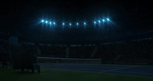 Iluminación Pista Tenis Azul Antes Del Partido Sala Llena Fans — Vídeo de stock