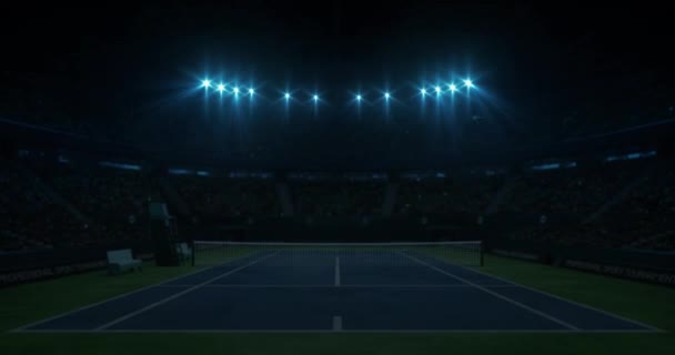 Iluminación Pista Tenis Azul Antes Del Partido Sala Llena Espectadores — Vídeos de Stock