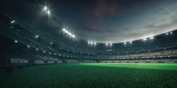 Luzes do estádio e campo de grama verde vazio com ventiladores ao redor, perspectiva parque infantil — Fotografia de Stock