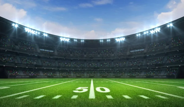 American football league stadio con linee bianche e tifosi, vista campo laterale diurno — Foto Stock