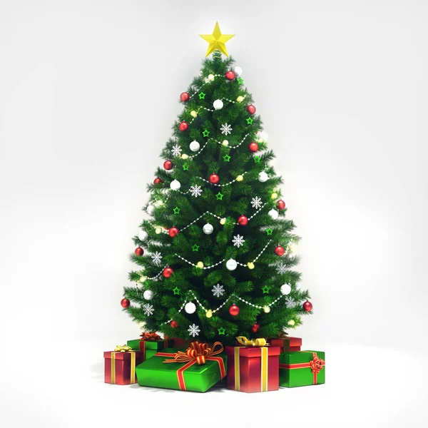 白で隔離された装飾されたクリスマスツリー 一般的なフロントビュー クリスマス休暇の3Dイラストの背景 — ストック写真