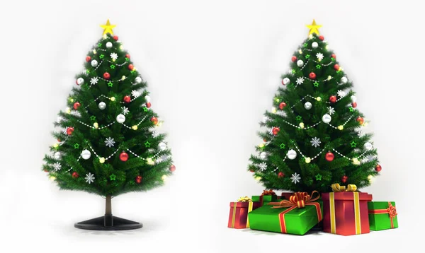Διακοσμημένα Χριστουγεννιάτικα Δέντρα Που Απομονώνονται Λευκό Μπροστινή Όψη Χριστούγεννα Διακοπές — Φωτογραφία Αρχείου