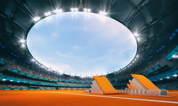 Magnifico Stadio Sportivo Con Blocco Partenza Tartan Arancione Con Spettatori — Foto Stock
