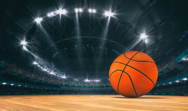 Nádherná Basketbalová Aréna Basketbalem Dřevěné Podlaze Diváky Tribuně Profesionální Svět — Stock fotografie