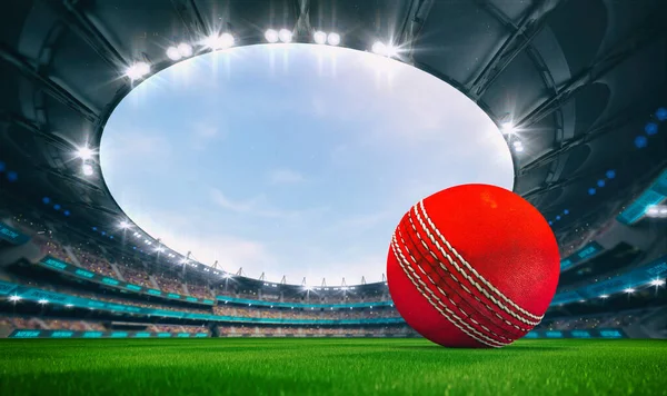 Nádherný Venkovní Stadion Kriketovým Míčem Zeleném Trávníku Hřiště Diváky Tribunách — Stock fotografie