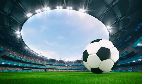 競技場の緑の芝生の上にサッカーボールがあり 観客が立っている壮大な屋外スタジアム プロスポーツ3Dイラストの背景 — ストック写真
