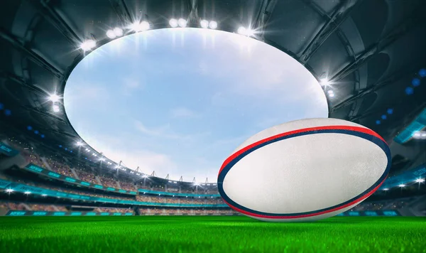 Magnifika Utomhus Stadion Med Rugby Boll Den Gröna Gräsmattan Fältet — Stockfoto