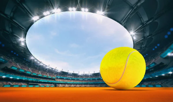 グランドスタンドの観客とオレンジ粘土の上にテニスボールと壮大な屋外テニスアリーナ プロスポーツ3Dイラストの背景 — ストック写真