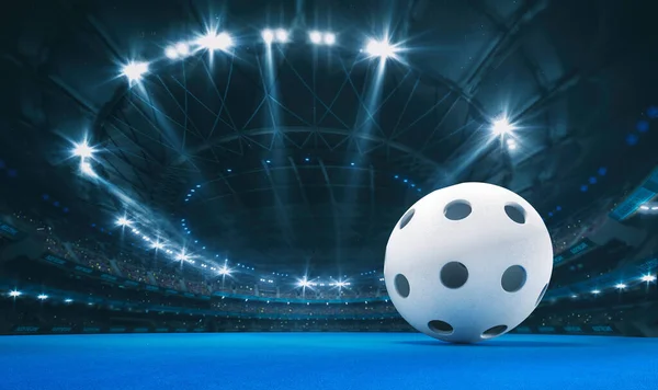 Magnifica Arena Floorball Con Una Palla Floorball Pavimento Artificiale Blu — Foto Stock