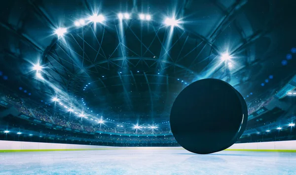 Prächtige Eishockey Arena Mit Eishockeypuck Auf Der Eisbahn Zuschauer Auf — Stockfoto