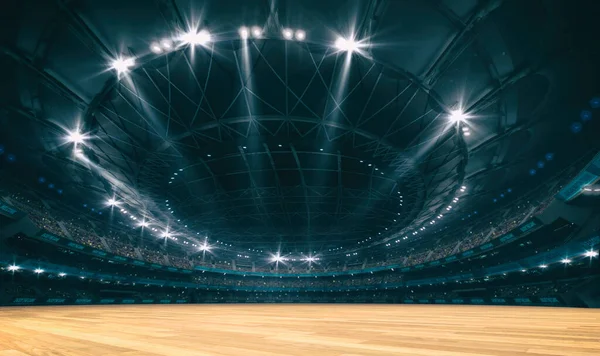 Stadium and wooden surface background for indoor sports. Sport building as digital 3D background advertisement backdrop illustration.