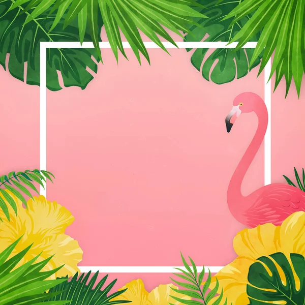 Square frame with tropical palm leaves and pink flamingo with empty copy space in the middle of summer holiday background. Digital watercolor illustration.