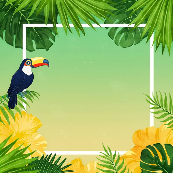 Cadre Carré Avec Feuilles Palmier Tropicale Oiseau Toucan Avec Espace — Photo