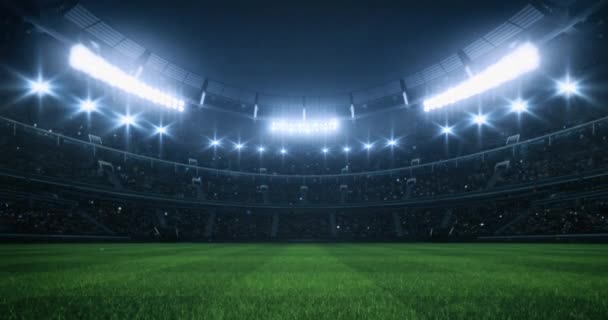 観客でいっぱいのスタジアム 芝生のピッチ スポットライト付きのスポーツビデオの背景 スポーツビル4Kループアニメーション — ストック動画
