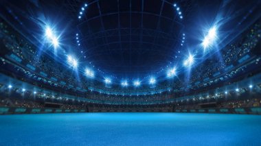 Tribünleri hayranlarla dolu spor stadyumu, parlak gece ışıkları ve mavi yapay yüzey. Arka plan kullanımı için spor stadyumunun 3D dijital illüstrasyonuName.