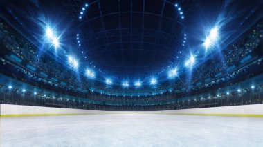 Tribünleri hayranlarla dolu spor stadyumu, gece ışıkları ve buz pateni sahası. Arka plan kullanımı için spor stadyumunun 3D dijital illüstrasyonuName.