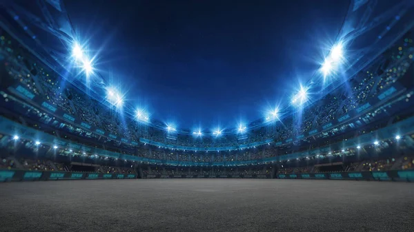 Sport stadium with grandstands full of fans, shining night lights and asphalt surface. Digital 3D illustration of sport stadium for background use.