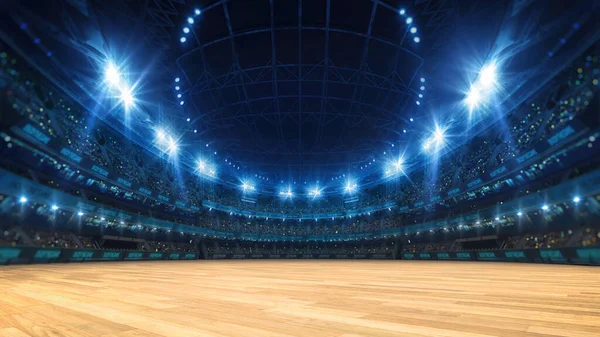 Stadion Sportowy Trybunami Pełnymi Fanów Świecącymi Lampkami Nocnymi Drewnianym Tarasem — Zdjęcie stockowe