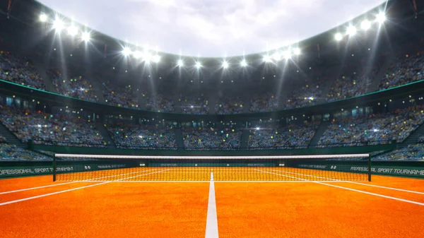 橙色粘土网球场和灯火通明的室外竞技场与球迷 运动员前观 职业网球运动3D图解背景 — 图库照片